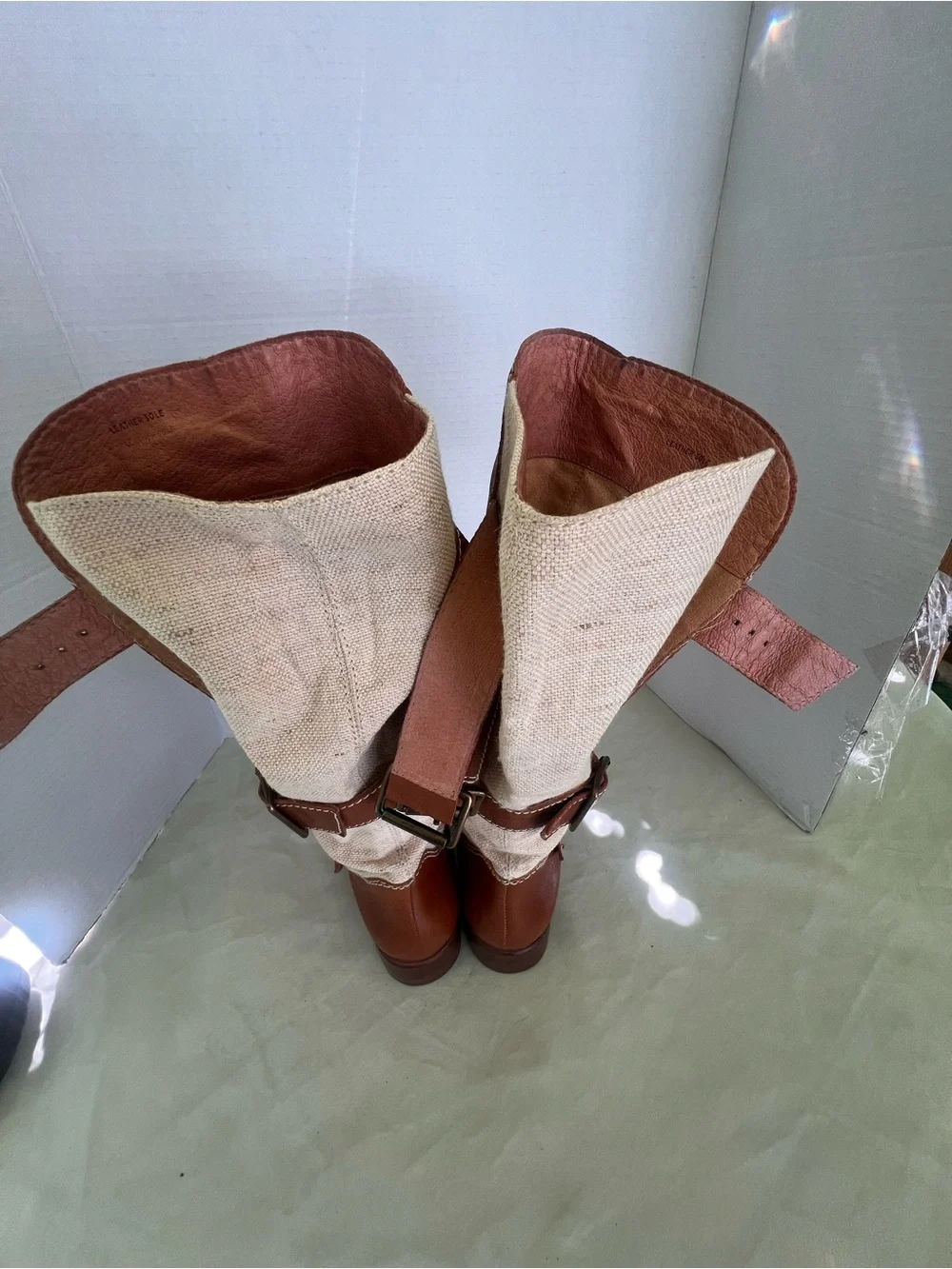 Women’s Corso Como  Tall Brown and Cream  canvas Buckle Riding Boots